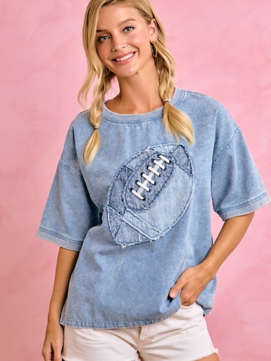 BiBi Tops - BiBi Light Blue Denim Tee with Football Applique